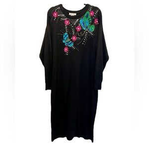 Vintage 80s Black Knit Sweater Dress Vibrant Sequin Butterflies Flowers Size 16